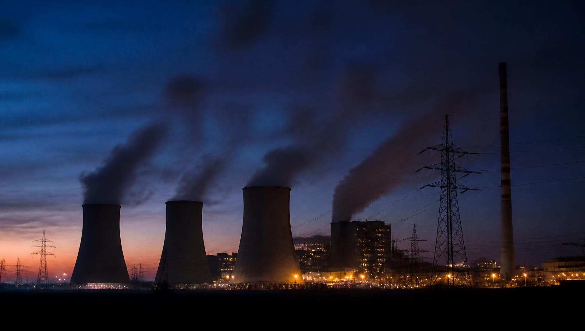 Critical industrial power facility at dusk
